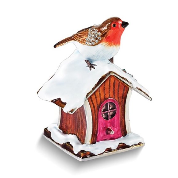 Luxury Pewter Bejeweled Crystals Enameled BERTIE Robin on Bird House Trinket box - Picture 5 of 5